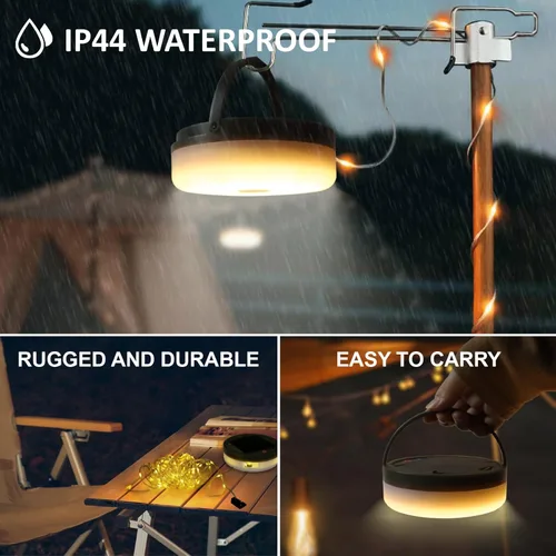Vista 5 de Guirnalda de luces solares para campamento, 39.4 pies, portátil, impermeable, con 8 modos de iluminación, funciona con energía solar y recargable