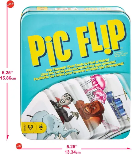 Vista 3 de Mattel Games Juego de cartas PIC FLIP con 110 cartas en una lata decorativa, es un gran juego para niños de 7 años en adelante