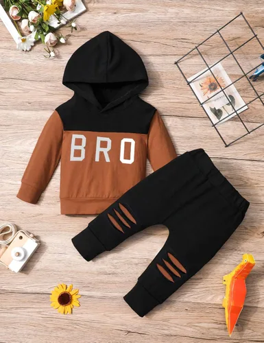 Vista 8 de Conjunto de ropa para bebé niño pequeño, sudadera con capucha de manga larga con estampado de letras, pantalones rasgados, conjunto de trajes