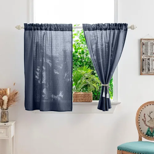 Vista 2 de Yancorp - Cortinas cortas de lino azul marino texturizado - Estilo cafetería de granja, 61 cm x 61 cm, para ventanas pequeñas en baño, cuarto