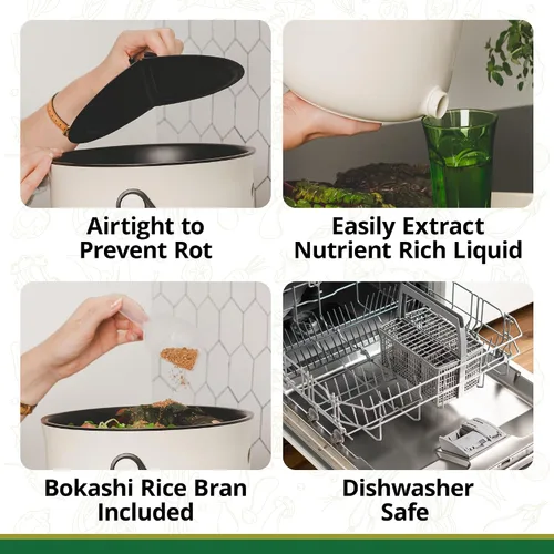 Vista 4 de TeraGanix Bokashi - Contenedor de compostaje + 2 libras de salvado Bokashi, compostador de encimera de cocina, compostaje interior para todas