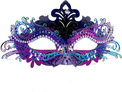 Vista 23 de Máscaras de metal para mujeres/hombres, máscara veneciana de Halloween, máscara de Mardi Gras Negro
