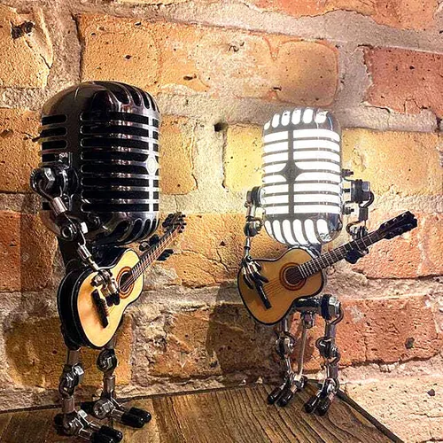 Vista 2 de Lámpara de escritorio, hecha a mano con micrófono, guitarra, robot, lámpara de mesa, bombillas LED, lámpara de pared para decoración de escritorio