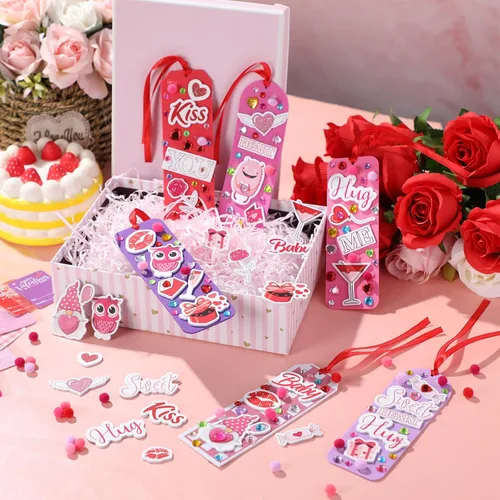 Vista 4 de Pasimy Juego de 48 marcapáginas para manualidades, kit de manualidades de espuma con diseño de corazón y calcomanías, marcapáginas a granel