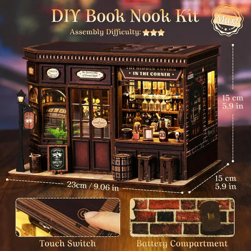 Vista 3 de MAKEASY Kit de rincón de libro, kit de casa en miniatura para adultos y adolescentes, rompecabezas de madera 3D, decoración de estantería