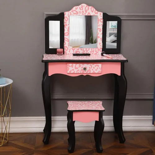 Vista 9 de Juego de maquillaje para niños, juego de tocador y silla para niños y niñas con cajón y tres espejos