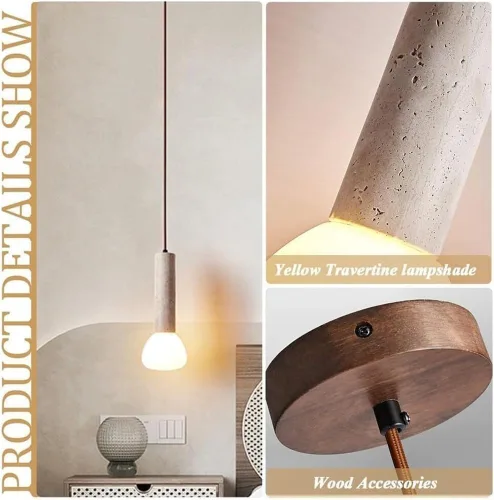 Vista 3 de Long Tube Pendant Lights Fixture Modern Yellow Travertine Chandelier with Glass Shade Nordic Kitchen Island Hanging Lamp for Living Room Entryway