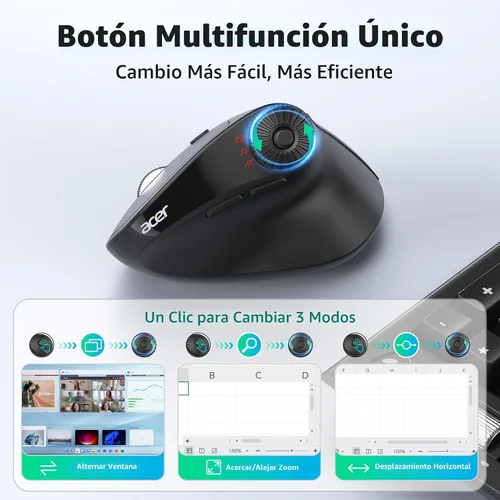 Vista 4 de Acer Ratón ergonómico inalámbrico con rueda de desplazamiento lateral, mouse Bluetooth para portátil (BT5.2+2.4GHz), mouse vertical de computadora