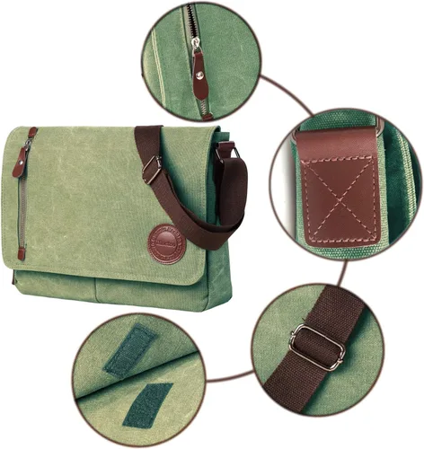 Vista 7 de Bolso bandolera de lona vintage para hombres y mujeres, bolsa de hombro de viaje para laptop de 13.5 pulgadas, bolsa para libros (verde militar)