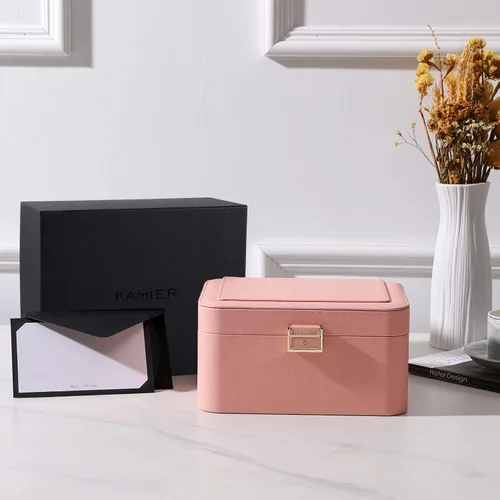 Vista 4 de KAMIER Joyeros para mujer 2 capas de piel sintética caja de joyería de viaje gran capacidad doble cerradura y espejo grande ganchos ocultos