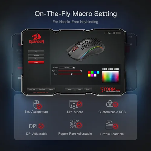 Vista 6 de Redragon M808 Storm Pro - Mouse inalámbrico para juegos, forma de panal RGB - Sensor óptico de 16,000 DPI, 7 botones programables, registro preciso