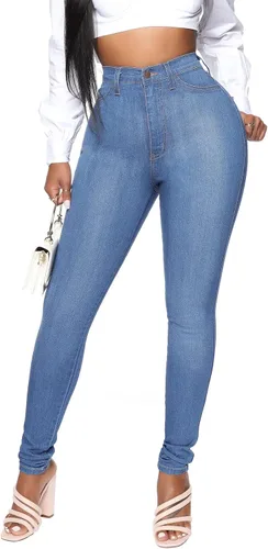 Vista 64 de KUNMI - Pantalones de mezclilla clásicos de cintura alta para mujer, elásticos, con efecto de levantamiento de glúteos, ajustados