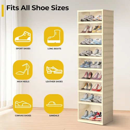 Vista 3 de GCCSJ Organizador de zapatos plegable de 9 niveles, 18 pares, estante de zapatos plegable de plástico, armario de almacenamiento plegable con puerta