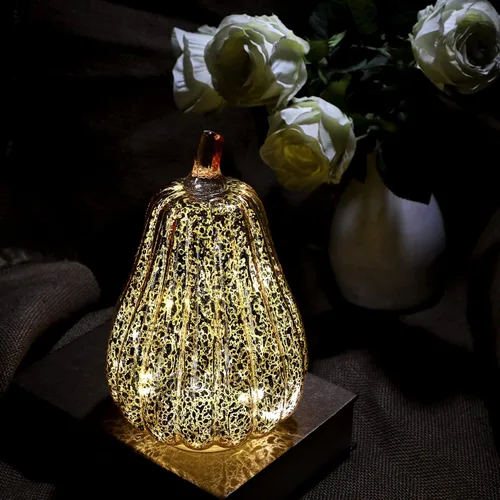 Vista 2 de Romingo Luz de calabaza de cristal de mercurio con temporizador para decoraciones de calabaza de Halloween, decoración de otoño y Acción de Gracias