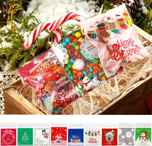 Vista 6 de FEBSNOW 450 bolsas de dulces de Navidad, bolsas autoadhesivas de celofán, bolsas de plástico para galletas para Navidad, fiestas, regalos