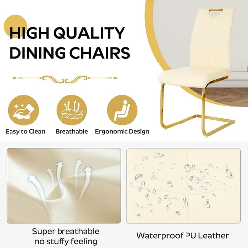Vista 6 de Juego de sillas de comedor modernas (2 unidades) de piel sintética PU con respaldo alto tapizadas con patas doradas de metal para cocina y comedor