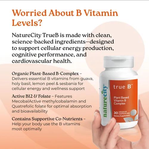 Vista 4 de NatureCity True-B Suplemento de complejo vitamínico Super B a base de plantas Hecho de fuentes de plantas integrales orgánicas certificadas