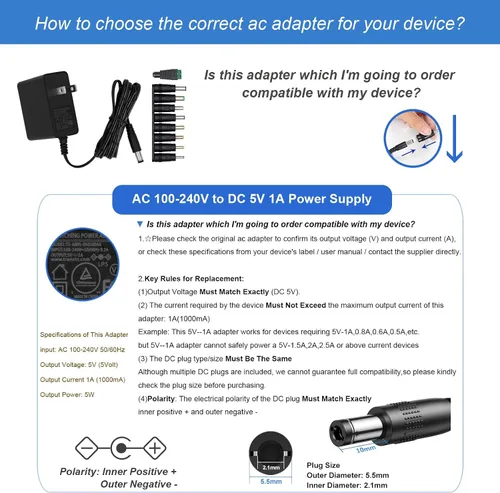 Vista 4 de 5V 1A Cargador de pared Adaptador de corriente con enchufe 5.5 x 2.1mm, 5W Adaptador universal AC/DC 100-240V AC a DC 5V Convertidor de cable