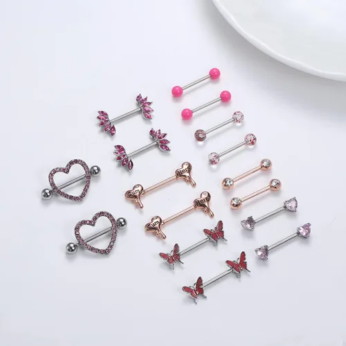 Vista 4 de Besteel 8 Pairs Nipple Rings 14G Stainless Steel Nipplerings CZ Heart Butterfly Ball Tongue Barbell Rings Retainer Body Piercing Jewelry for Women