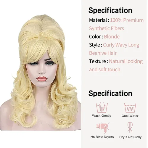 Vista 5 de Kalyss Peluca rubia de colmena para mujer, rizada, ondulada, larga, resistente al calor, pelo sintético para disfraz de cosplay (rubio)