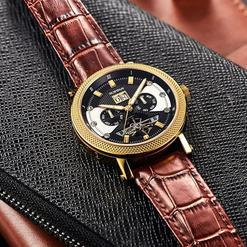 Vista 3 de Relojes automáticos para hombres, relojes de esqueleto de cristal de zafiro para hombres, reloj mecánico de cuerda automática, correa de cuero