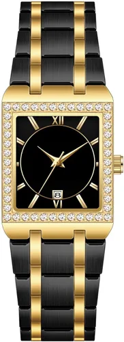 Vista 7 de CARLIEN Relojes de pulsera de acero inoxidable de lujo para mujer, bisel de diamantes, cuadrado, impermeable, calendario, analógico, reloj