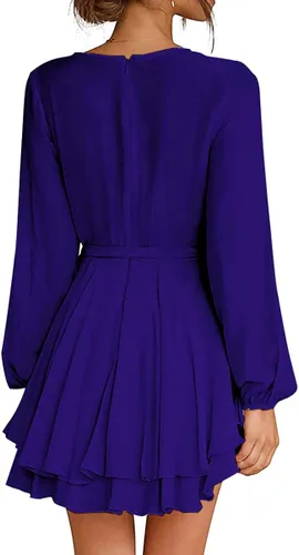 Vista 2 de LYANER Minivestido elegante con volantes para mujer con cuello en V y lazo para mujer