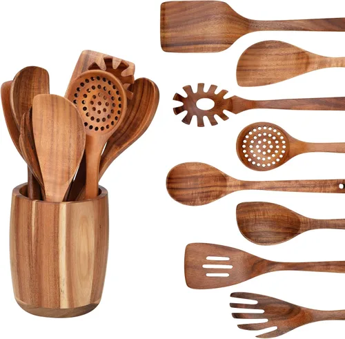 Vista 11 de Juego de cucharas de madera, 3 tamaños de cuchara de sopa grande de teca, cucharas de madera para cocinar, cuchara de servir, cucharas de madera