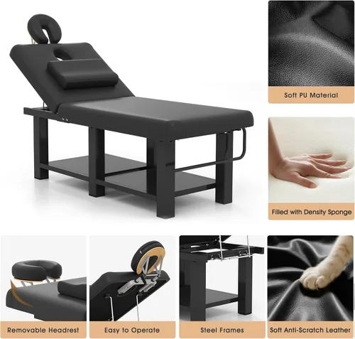 Vista 5 de Mesa ancha de masaje resistente con reposacabezas para spa, terapia y Negro
