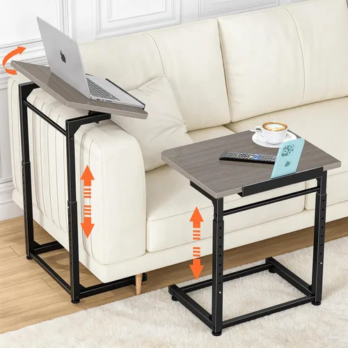 Vista 10 de Mesa para Bandeja de TV, Mesa Lateral para Sofá Ajustable en 8 Alturas, Mesa de Extremo en Forma de C con Ajuste de Ángulo de Inclinación de 90°