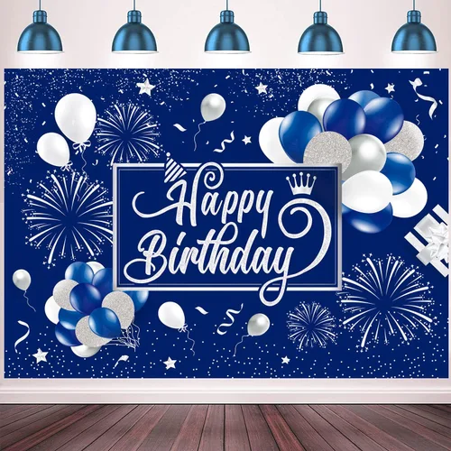 Vista 4 de Telón de fondo de cumpleaños azul y plateado con purpurina para fuegos artificiales, fondo de fotos para niños, hombres y mujeres, patio grande