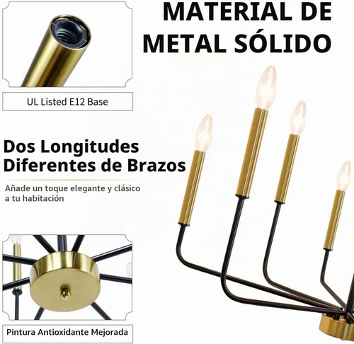 Vista 3 de Lámpara de araña negra y dorada, 8 lámparas modernas de granja para comedor, lámpara de comedor negra para cocina, vestíbulo, sala de estar Negro