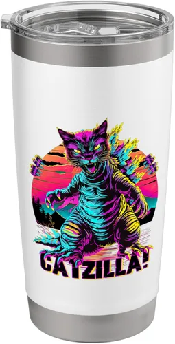 Vista 8 de Streetwear Synthwave 80s 90s Catzilla Cat Japanese teen Stainless Steel Insulated Tumbler Black