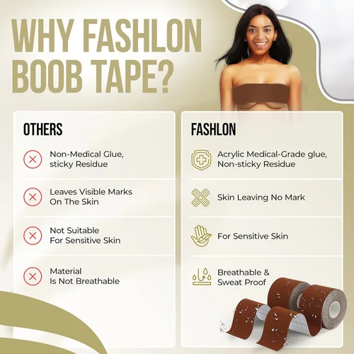 Vista 4 de FASHLON Paquete de cinta adhesiva para tetas de 2 rollos (café oscuro) y 2 pares de cubiertas de silicona para pezones (beige)