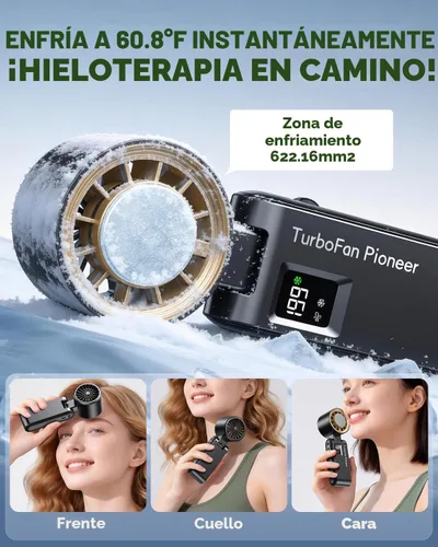 Vista 2 de Ventilador de mano portátil con refrigeración por hielo, ventilador turbo de alta velocidad de 24.6 ft/s, ventilador de cuello personal plegable 4