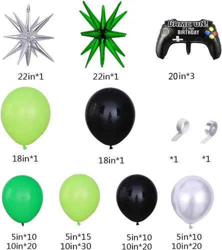 Vista 2 de Kit de guirnalda de arco de globos de videojuegos, 144 unidades, color verde, negro y plateado, estrella explosiva, globos de Mylar para niños