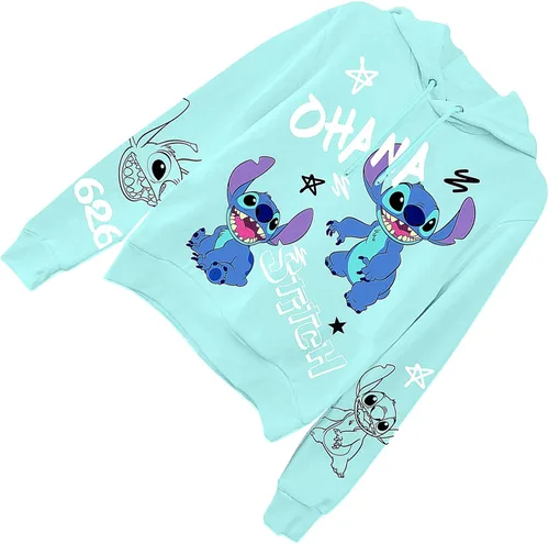 Vista 4 de Disney Sudadera con capucha Lilo and Stitch para mujer, diseño clásico de Lilo y Stitch Ohana, con estampado múltiple