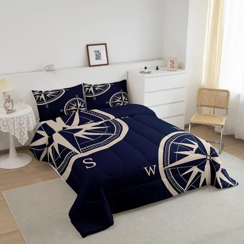 Vista 2 de Juego de edredón de brújula azul marino, tamaño individual, 2 piezas, diseño náutico de vela, estilo simple, para niños, adolescentes, adultos