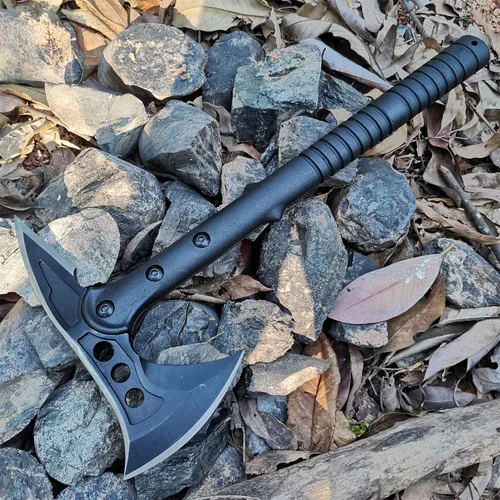 Vista 6 de Hacha de camping con vaina de nylon, Hacha Tomahawk vikinga forjada de acero al carbono de alta calidad, Hacha de camping portátil para cortar 1