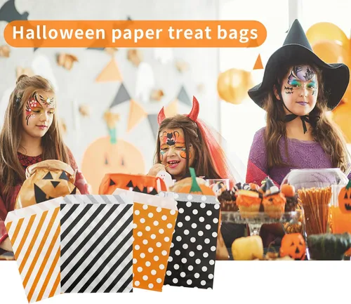 Vista 2 de Jexila Paquete de 100 bolsas de regalo de Halloween, bolsas de papel con patrón de lunares naranjas y negros con patrón de rayas para niños, regalos