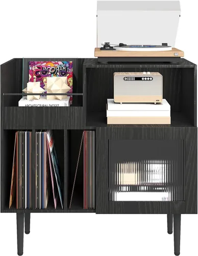 Vista 8 de HedoAjim Soporte grande para tocadiscos con almacenamiento de vinilo, soporte para tocadiscos con puerta acrílica, mesa auxiliar para tocadiscos