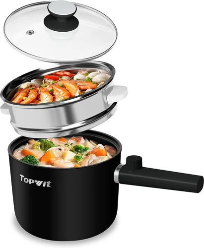 Vista 12 de Topwit Olla caliente eléctrica, olla de ramen de 1.5 L, sartén portátil antiadherente, olla eléctrica para pasta, bistec, sin BPA, cocina eléctrica