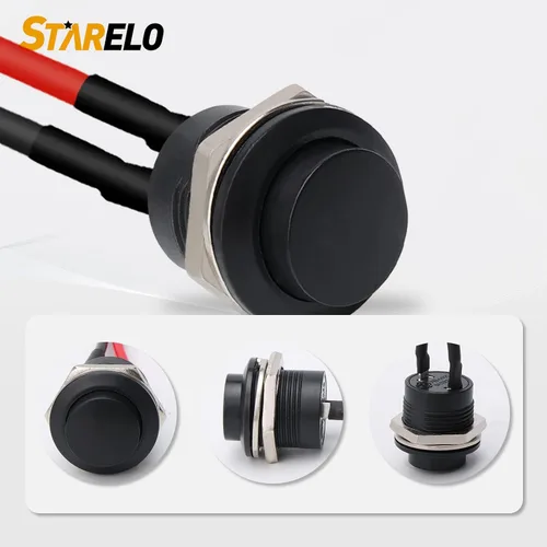 Vista 3 de STARELO 5 piezas de interruptor de botón momentáneo redondo de 16 mm SPST 3A AC250V/6A AC125V 2Pin 1NO con cable presoldado R13-507 (negro).