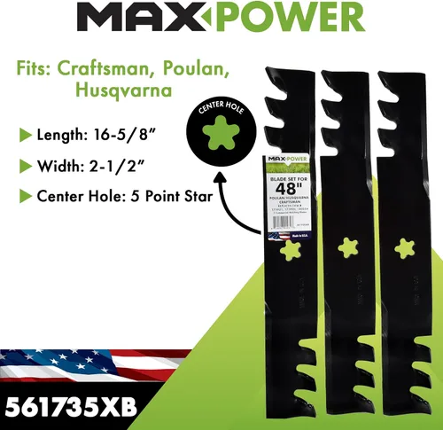 Vista 2 de Maxpower 561735XB Juego de mantillo comercial de 3 cuchillas para artesano de corte de 48", Husqvarna, Poulan, reemplaza al OEM no. 173921, 532173921