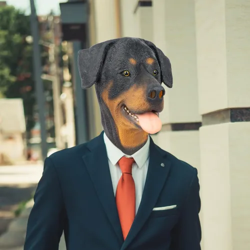 Vista 3 de PartyHop Rottweiler Máscara de cabeza de perro de látex animal de cabeza completa, máscaras realistas para Halloween, carnaval, fiesta de disfraces