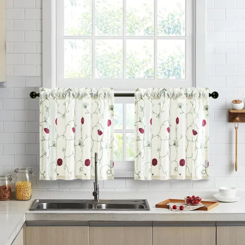 Vista 15 de VOGOL Cortinas de Nivel para Cocina para Ventana, Flores Azules y Enredaderas Bordadas Cortina de 24 Pulgadas de Largo, Cortinas Cortas Tratamiento