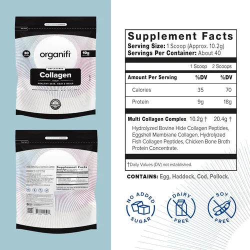 Vista 2 de Organifi Colágeno en polvo – Cabello más lleno, uñas más fuertes y piel radiante – Repone y reconstruye tu cuerpo – Péptidos multicolágeno