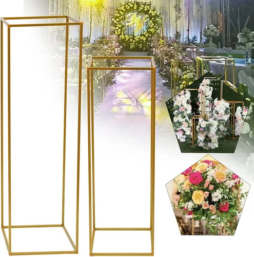 Vista 3 de 2 piezas de oro para boda soporte de flores geométricas de metal para decoración del hogar, estante rectangular de exhibición de flores, mesa