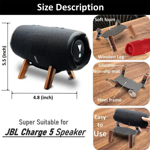 Vista 3 de Soporte de madera real compatible con altavoz portátil JBL Charge 5, Charge 6, soporte de trípode, soporte de madera estable y resistente utilizado