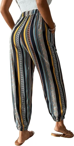 Vista 2 de SweatyRocks Pantalones bohemios de cintura alta elástica con lazo frontal a rayas con bolsillo para mujer